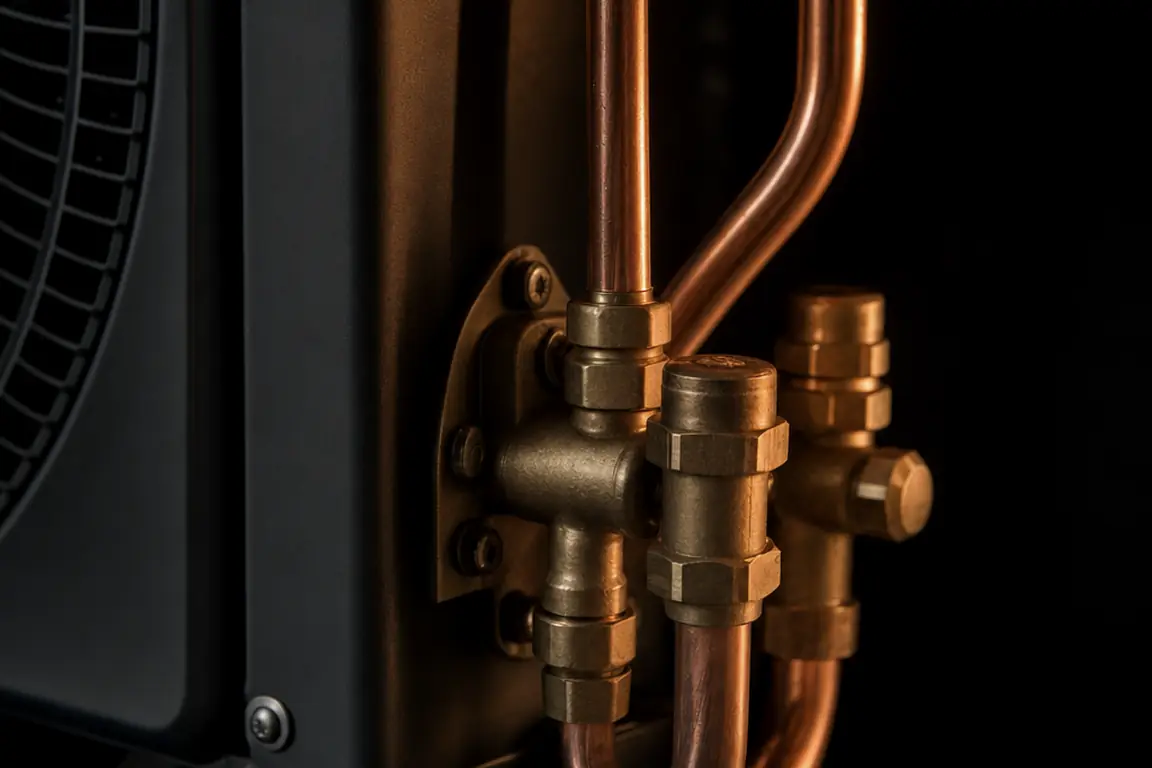 Heat pump copper pipework and valves in raking light