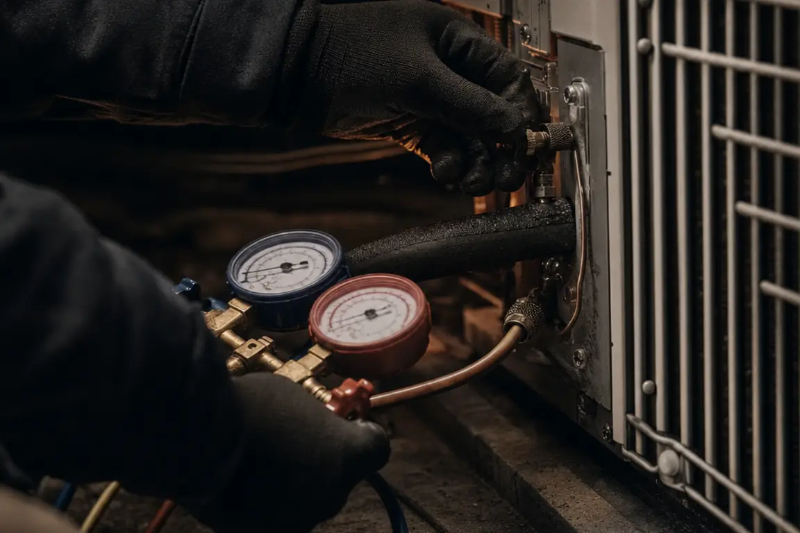 Technician connecting manifold gauges to a heat pump