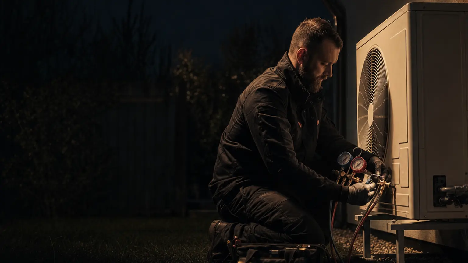 Engineer servicing an air-source heat pump unit beside a house at dusk